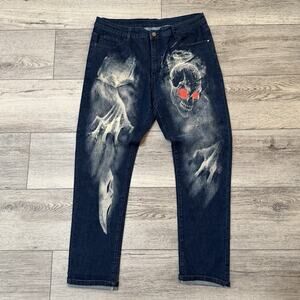 Goth Skull Graphic Mens Jeans Size 38 Distressed Grunge Punk Streetwear Skater